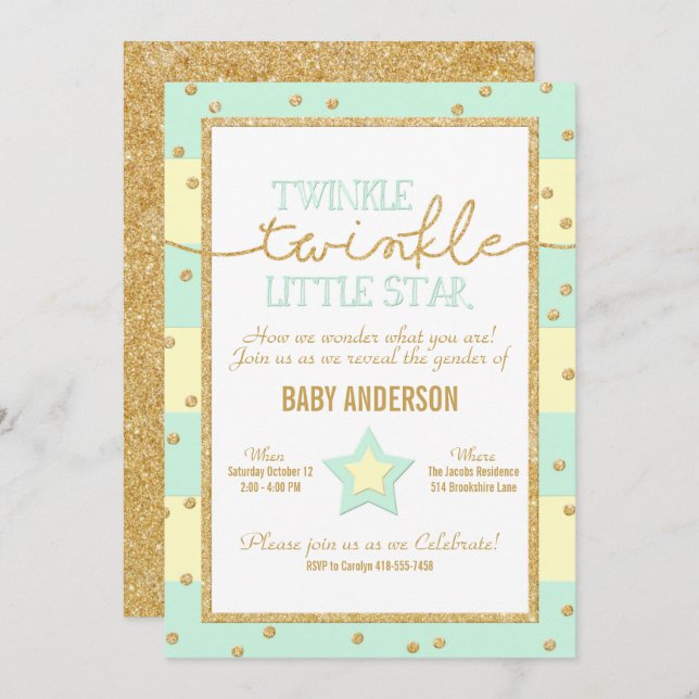 Invitation Twinkle Twinkle Aqua Yellow Gold Révélation de gen (Devant / Derrière)