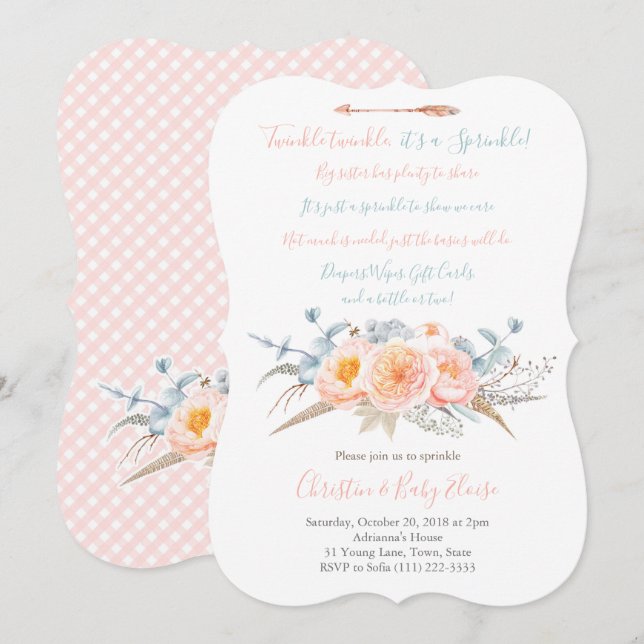 Invitation Twinkle Twinkle Baby Sprinkle Poem Peach Grey (Devant / Derrière)
