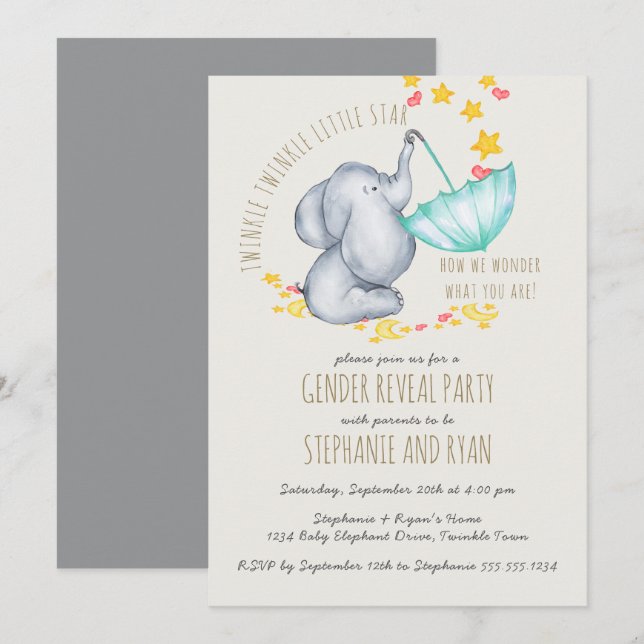 Invitation Twinkle Twinkle Elephant Grey Sexe Révéler (Devant / Derrière)