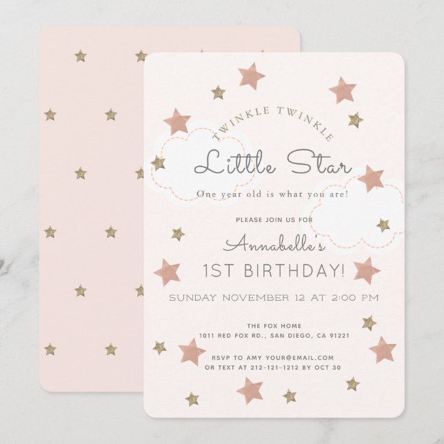 Invitation Twinkle Twinkle Little Star 1er anniversaire (Devant / Derrière)
