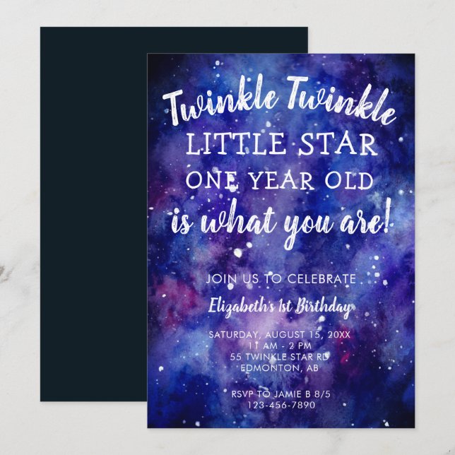Invitation Twinkle Twinkle Little Star 1er anniversaire Galax (Devant / Derrière)