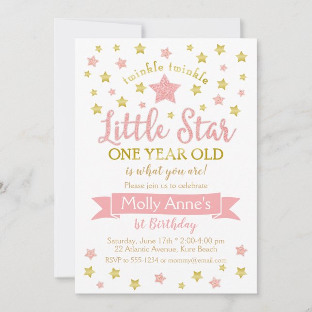 Invitation Twinkle Twinkle Little Star 1er Anniversaire Pink  (Devant)