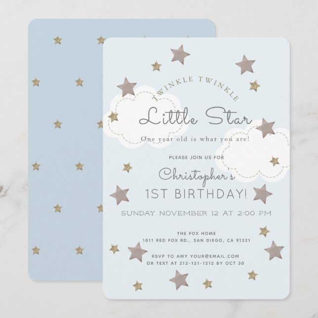 Invitation Twinkle Twinkle Little Star 1st Boy Birthday (Devant / Derrière)