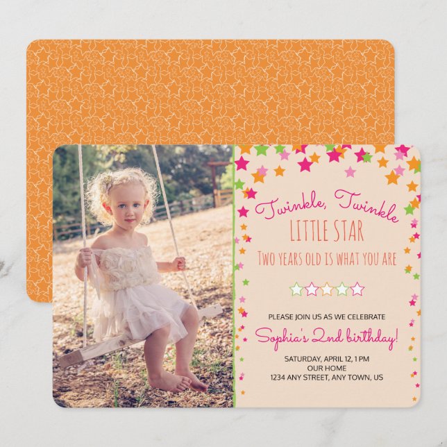 Invitation Twinkle Twinkle Little Star 2e anniversaire (Devant / Derrière)