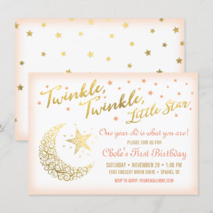 Invitation Twinkle, Twinkle, Little Star Anniversaire coral