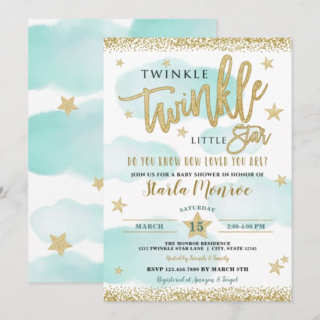 Invitation Twinkle Twinkle Little Star Baby Boy Douche (Devant / Derrière)