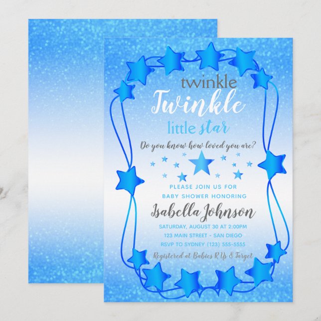 Invitation Twinkle Twinkle Little Star - Baby Boy Shower (Devant / Derrière)