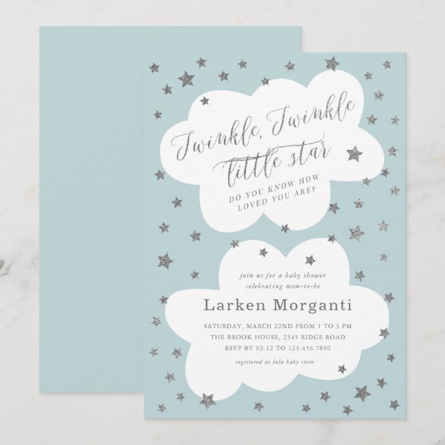 Invitation Twinkle Twinkle Little Star Baby shower bleu (Devant / Derrière)