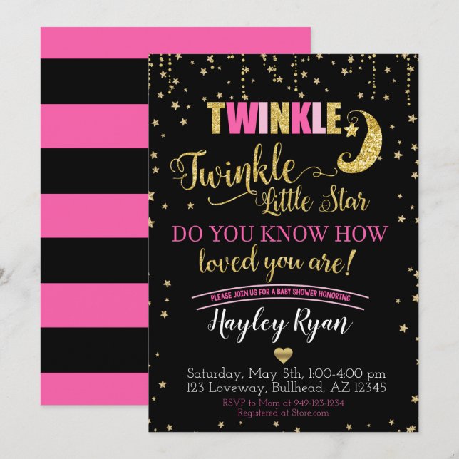 Invitation Twinkle Twinkle Little Star Baby shower noir rose (Devant / Derrière)