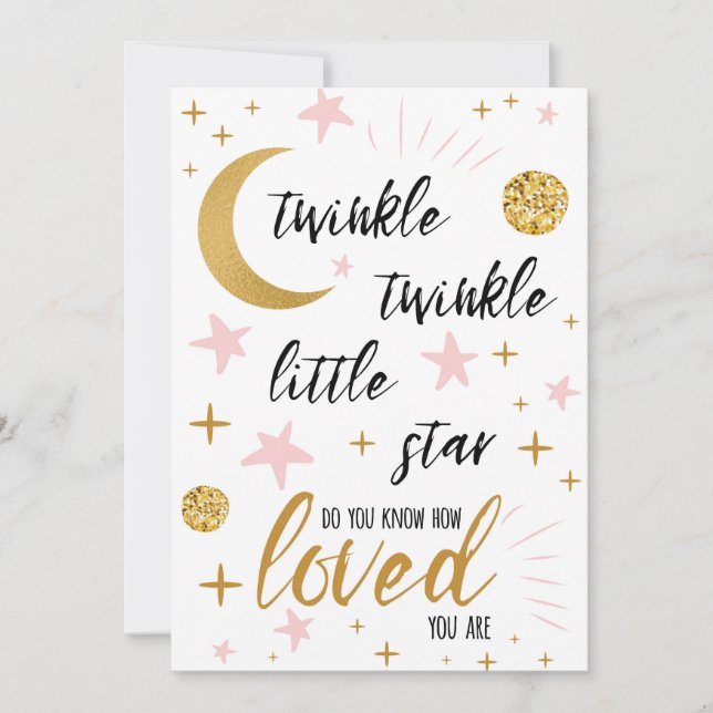 Invitation Twinkle Twinkle Little Star Baby shower rose or (Devant)