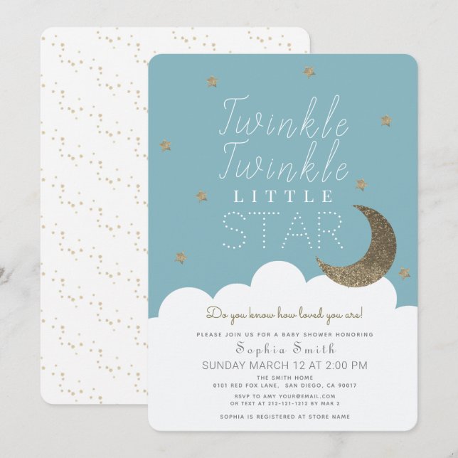 Invitation Twinkle Twinkle Little Star Blue Boy Baby shower (Devant / Derrière)