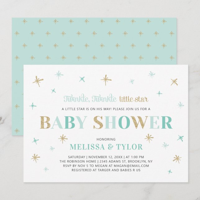 Invitation Twinkle Twinkle Little Star Boy Baby shower (Devant / Derrière)