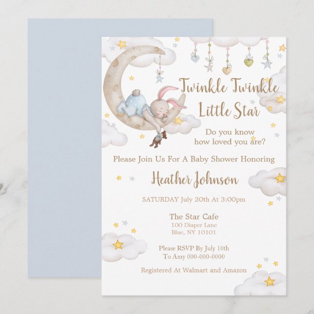 Invitation Twinkle Twinkle Little Star Bunny Baby shower (Devant / Derrière)