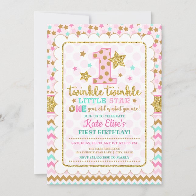 Invitation Twinkle Twinkle Little Star Girl 1er anniversaire (Devant)