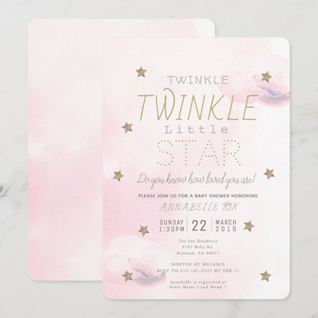 Invitation Twinkle Twinkle Little Star Rose Girl Baby shower (Devant / Derrière)