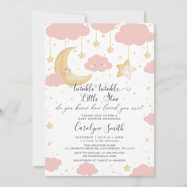 Invitation Twinkle Twinkle Little Star Rose Girl Baby shower (Devant)