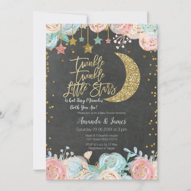 Invitation Twinkle Twinkle Little Star Twin Baby shower (Devant)