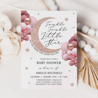 Invitation TWINKLE TWINKLE Lune Rose Et Baby shower Étoiles