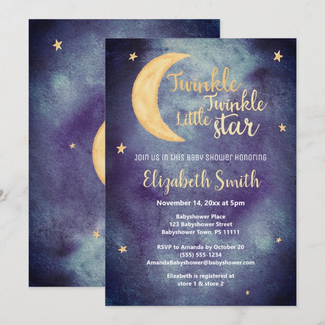 Invitation Twinkle Twinkle petite étoile aquarelle baby showe (Devant / Derrière)