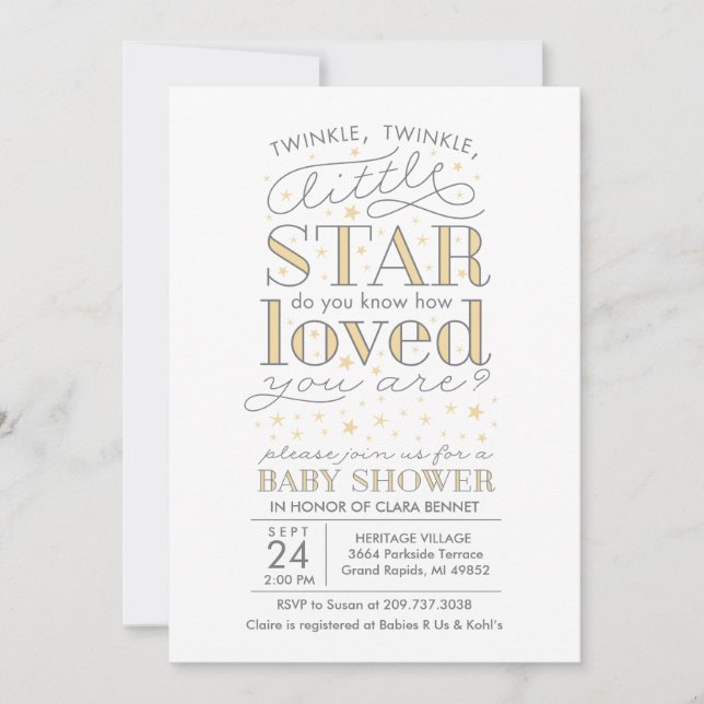 Invitation Twinkle Twinkle Star thème Baby shower jaune (Devant)