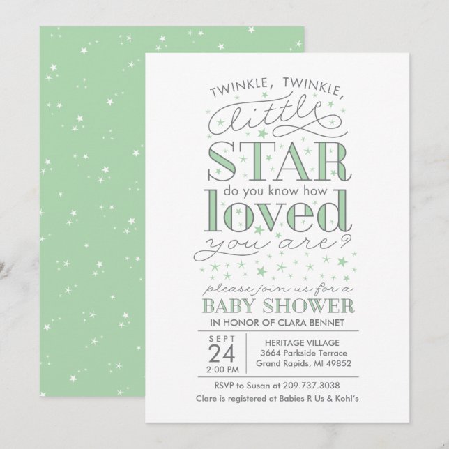 Invitation Twinkle Twinkle Star Theme Baby shower Mint Green (Devant / Derrière)