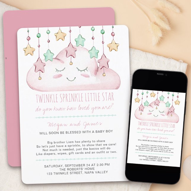 Invitation Twinkle Twinkle Stars et Cloud Girl Baby Sprinkle (Twinkle twinkle little star baby sprinkle invitation for a baby girl)