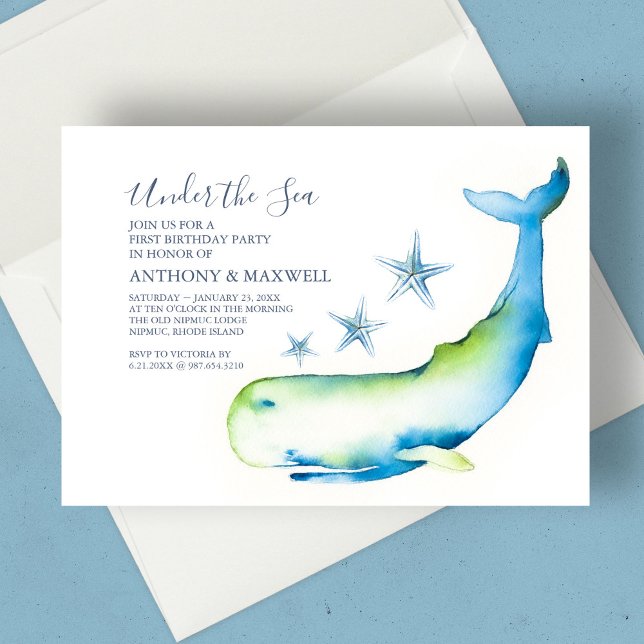 Invitation Twins 1er Anniversaire Aquarelle Baleine Starfish (1st birthday twins under the sea watercolor whale and starfish nautical blue)