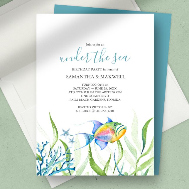 Invitation Twins Anniversaire Fête Cute Tropical Aquarelle (twins birthday under the sea gender neutral tropical fish watercolor)