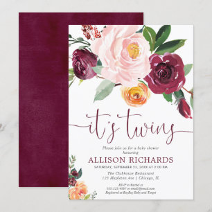 Invitation Twins automne baby shower floral, rose rousse rose
