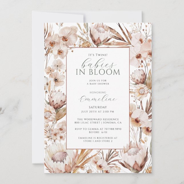 Invitation Twins Baby in Bloom Fleur sauvage Baby shower Boho (Devant)