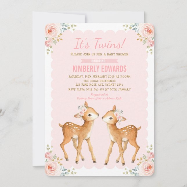 Invitation Twins Baby shower Girl Cerf Blush Rose Floral (Devant)