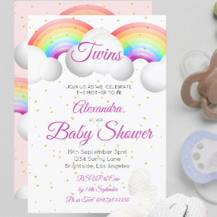 Invitation Twins Baby shower Rainbow Nuages Pink Gold Spots