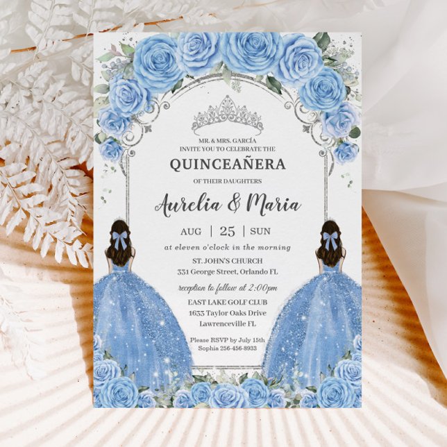 Invitation Twins Bahama Sky Blue Floral Silver Quinceañera (Créateur téléchargé)