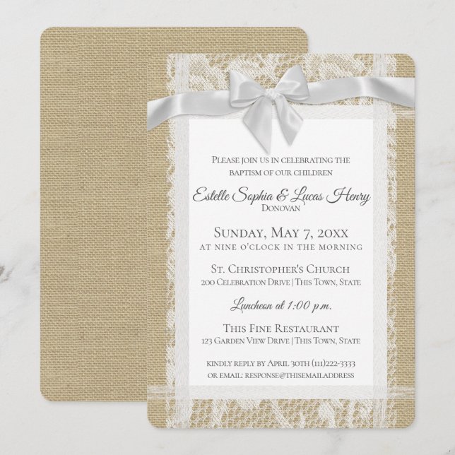 Invitation Twins Baptême White Bow Burlap et dentelle (Devant / Derrière)