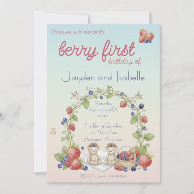 Invitation Twins Berry First Birthday Party (Devant)