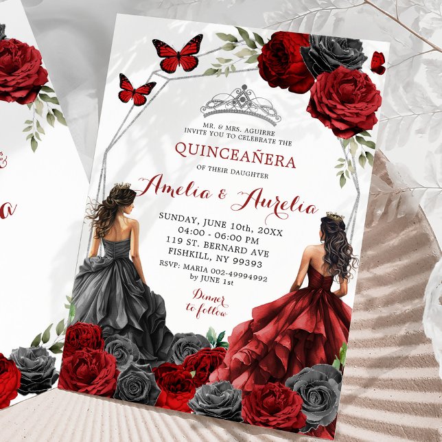 Invitation Twins Black et Rouge Bourgogne Floral Quinceañera (Créateur téléchargé)
