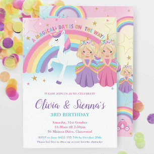 Invitation Twins Blonde Blue Eyes Princesses Unicorne Anniver