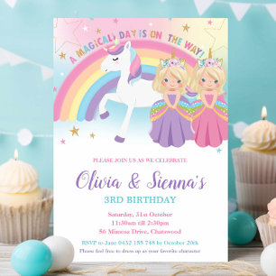 Invitation Twins Blonde Princesses et Unicorne fête d'anniver