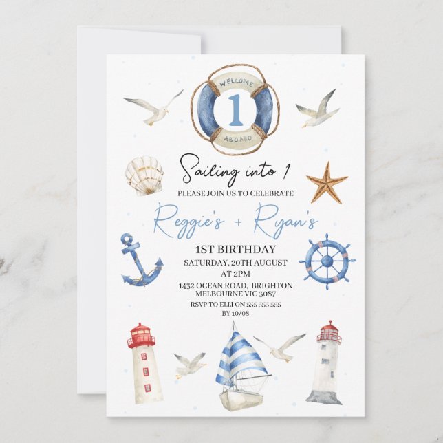 Invitation Twins Blue Nautical vole en un 1er anniversaire (Devant)