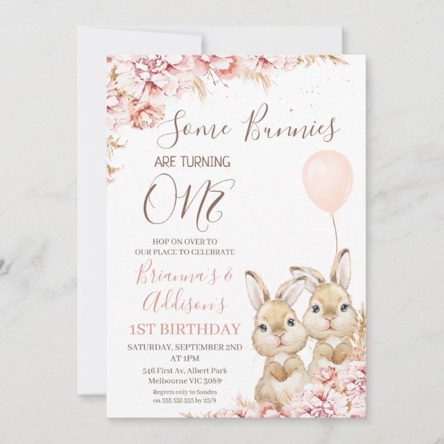 Invitation Twins Boho Floral Bunny Balloon 1er anniversaire (Devant)