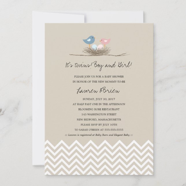 Invitation Twins Boy and Girl Bird's Nest Baby shower (Devant)