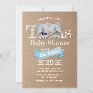 Invitation Twins Boy Cute Elephant Rustique Baby shower Kraft