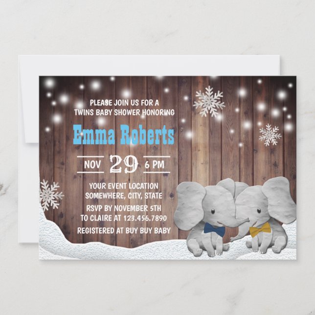 Invitation Twins Boy Elephant Winter Snowflaes Baby shower (Devant)