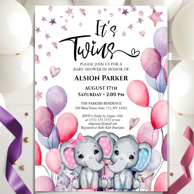 Invitation Twins Boy Girl Elephant Balloon mignon Baby shower (Créateur téléchargé)