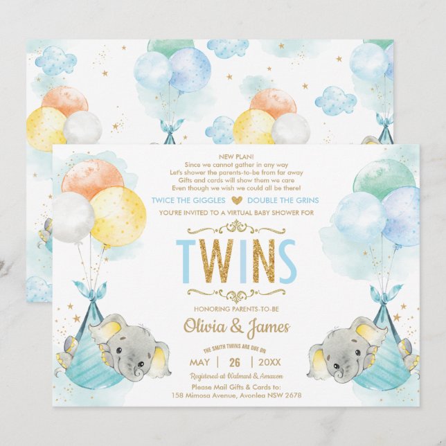 Invitation Twins Boys Elephant Baby shower virtuel par courri (Devant / Derrière)