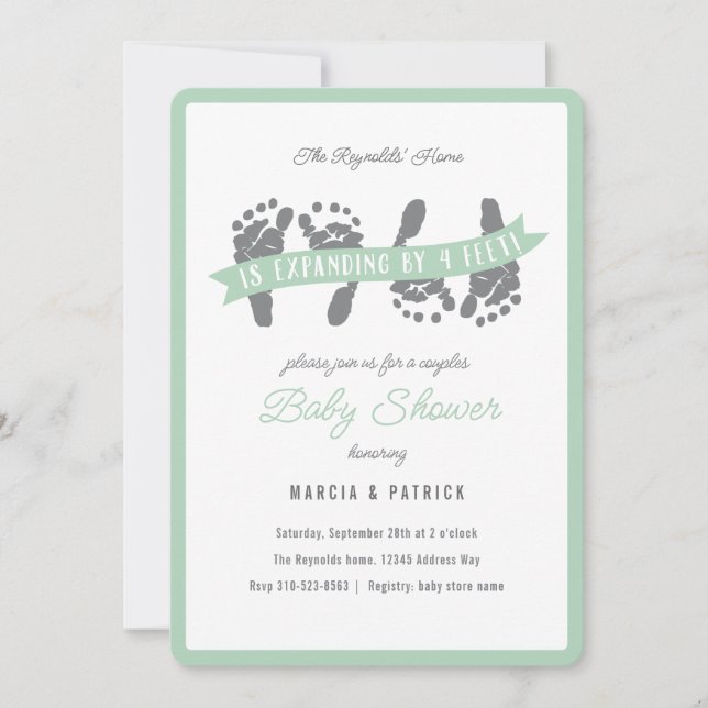 Invitation Twins Couples Douche Vert Baby shower gris (Devant)
