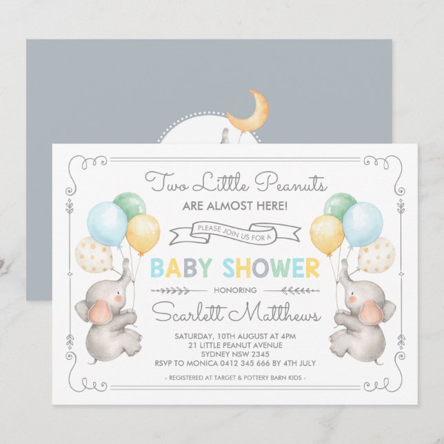 Invitation Twins Elephant Baby shower Pastel Balloons Invitat (Devant / Derrière)