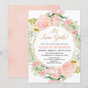 Invitation Twins filles baby shower, floral blush or rose