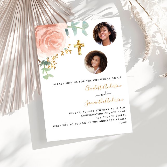 Invitation Twins filles rose floral photo luxe Confirmation (Créateur téléchargé)