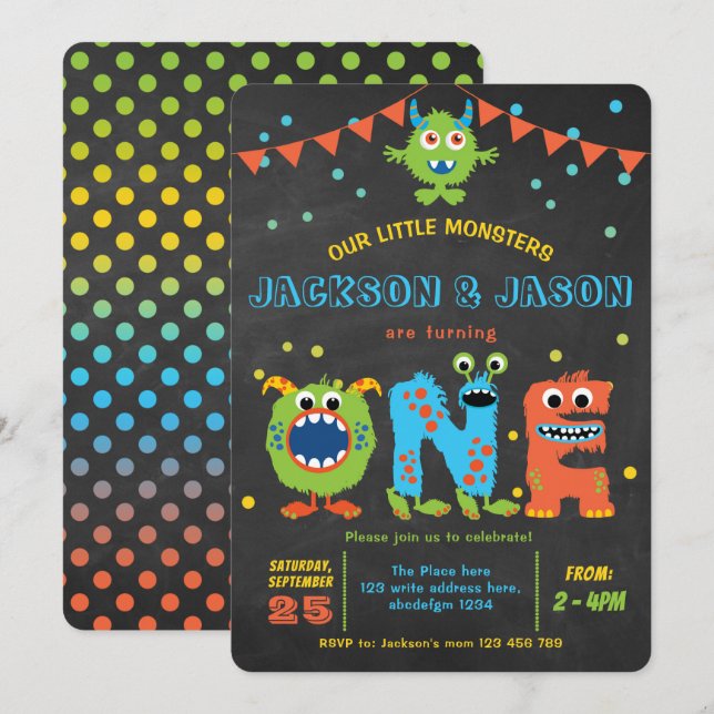 Invitation Twins garçon 1er anniversaire petite fête de monst (Devant / Derrière)